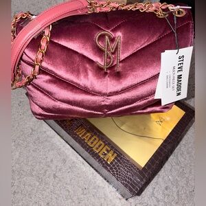 Steve Madden Burgundy Velvet Quilted Shoulder Bag